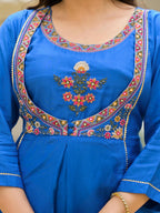 Juniper Women's Blue Solid Viscose Kurta Pant With Dupatta Set With Thread & Mirror Work | Grocsy