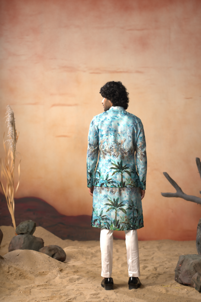 Palm Trees Relaxed Hues Printed Silk Nehru Jacket Set by Hilo Design | Grocsy