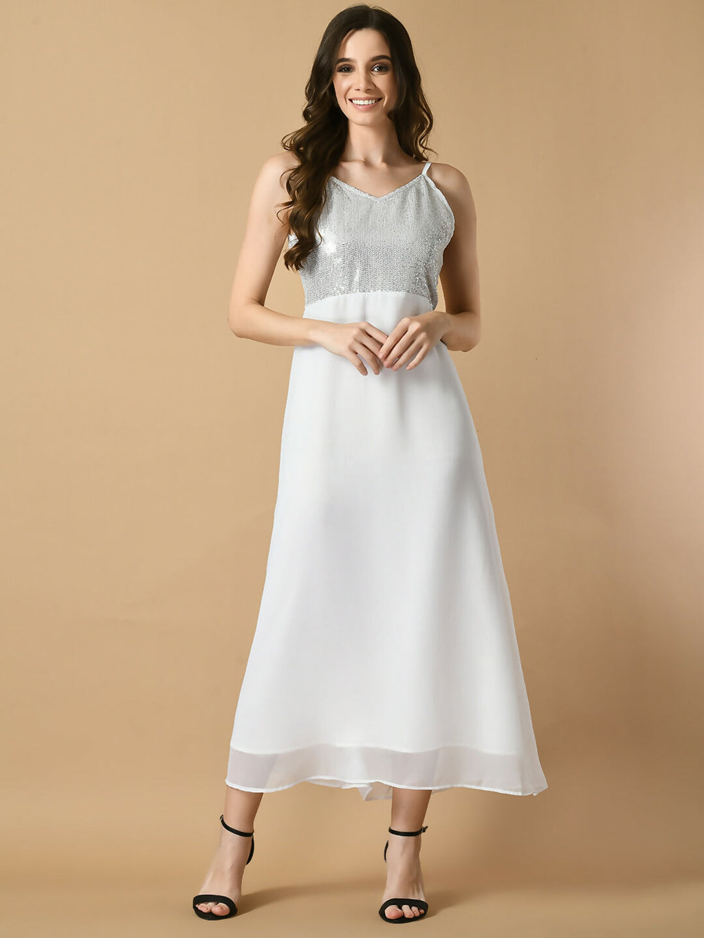 Myshka Women's White Solid Georgette Party Dress | Grocsy