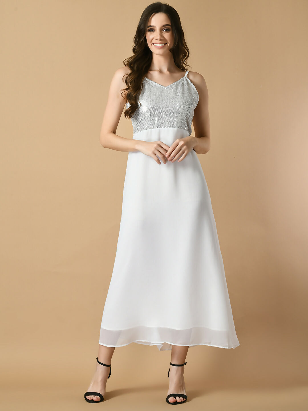 Myshka Women's White Solid Georgette Party Dress | Grocsy