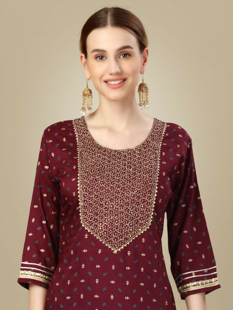 Jyoti Fashion Women's Maroon Silk Blend Embroidery & Sequence work Kurta with Trouser & Dupatta | Grocsy