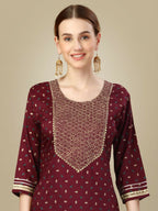 Jyoti Fashion Women's Maroon Silk Blend Embroidery & Sequence work Kurta with Trouser & Dupatta | Grocsy