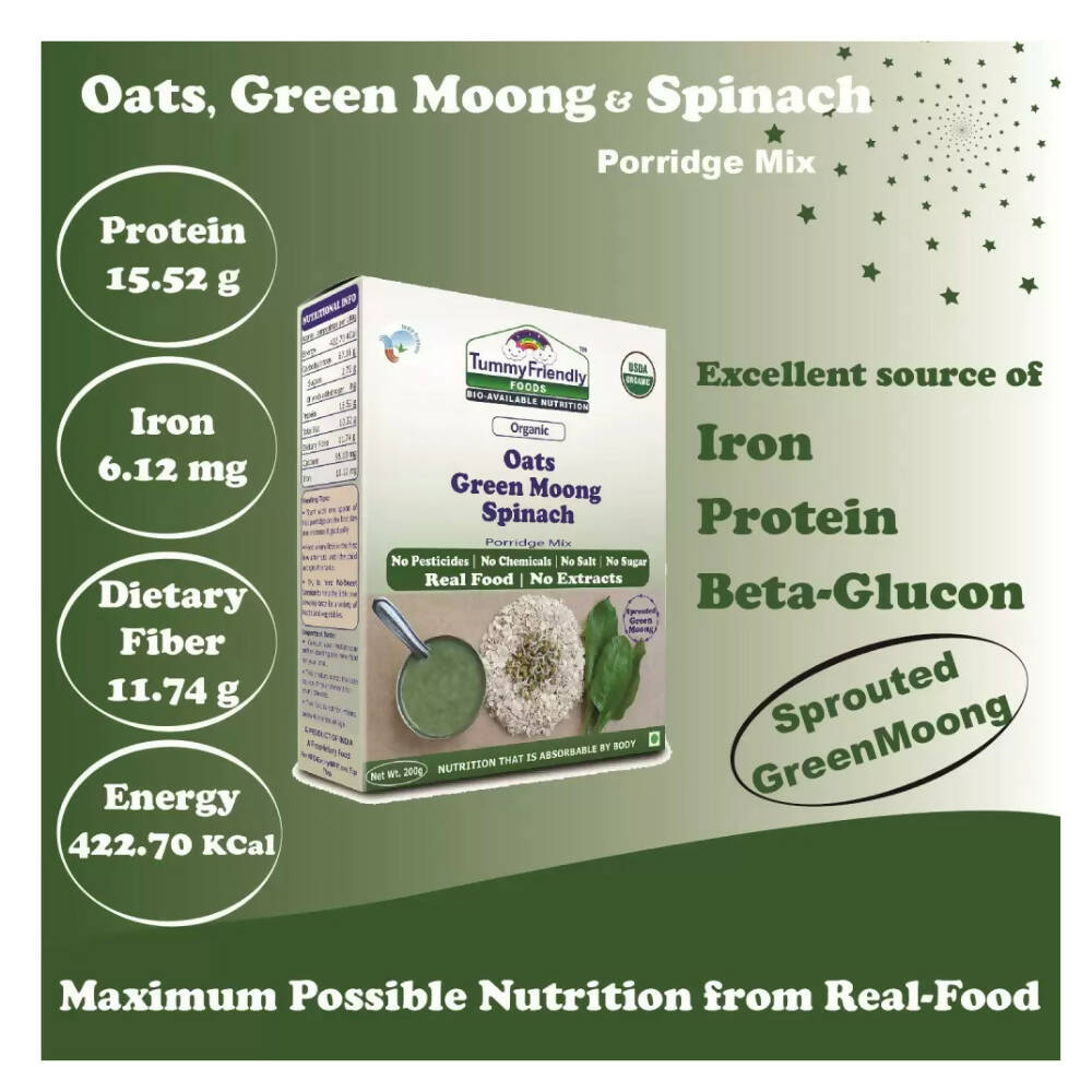TummyFriendly Foods Certified Organic Oats, Green Moong, Spinach Porridge Mix for 8 Months Old | Grocsy