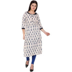 Kanoor Women's White and Blue Cotton Straight Kurti | Grocsy