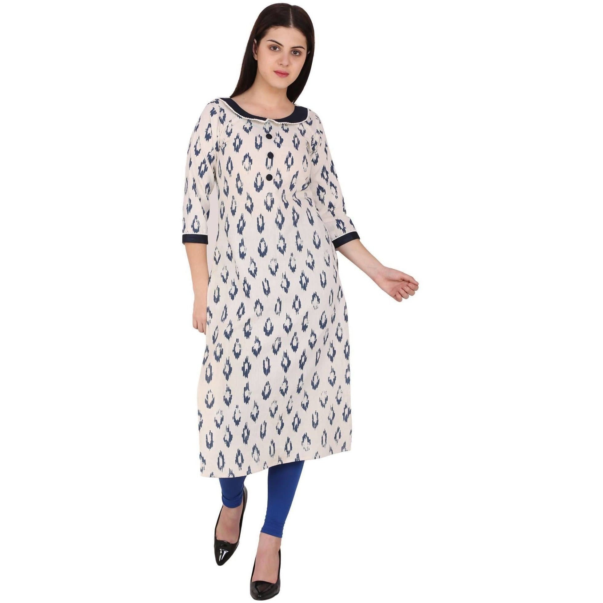 Kanoor Women's White and Blue Cotton Straight Kurti | Grocsy