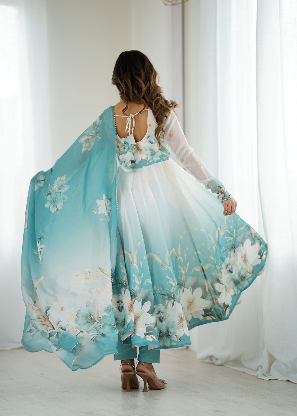 Evanik Aqua Blue Soft Organza Silk With Floral Print Fully Flared Anarkali Pant With Dupatta Set | Grocsy