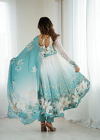 Evanik Aqua Blue Soft Organza Silk With Floral Print Fully Flared Anarkali Pant With Dupatta Set | Grocsy