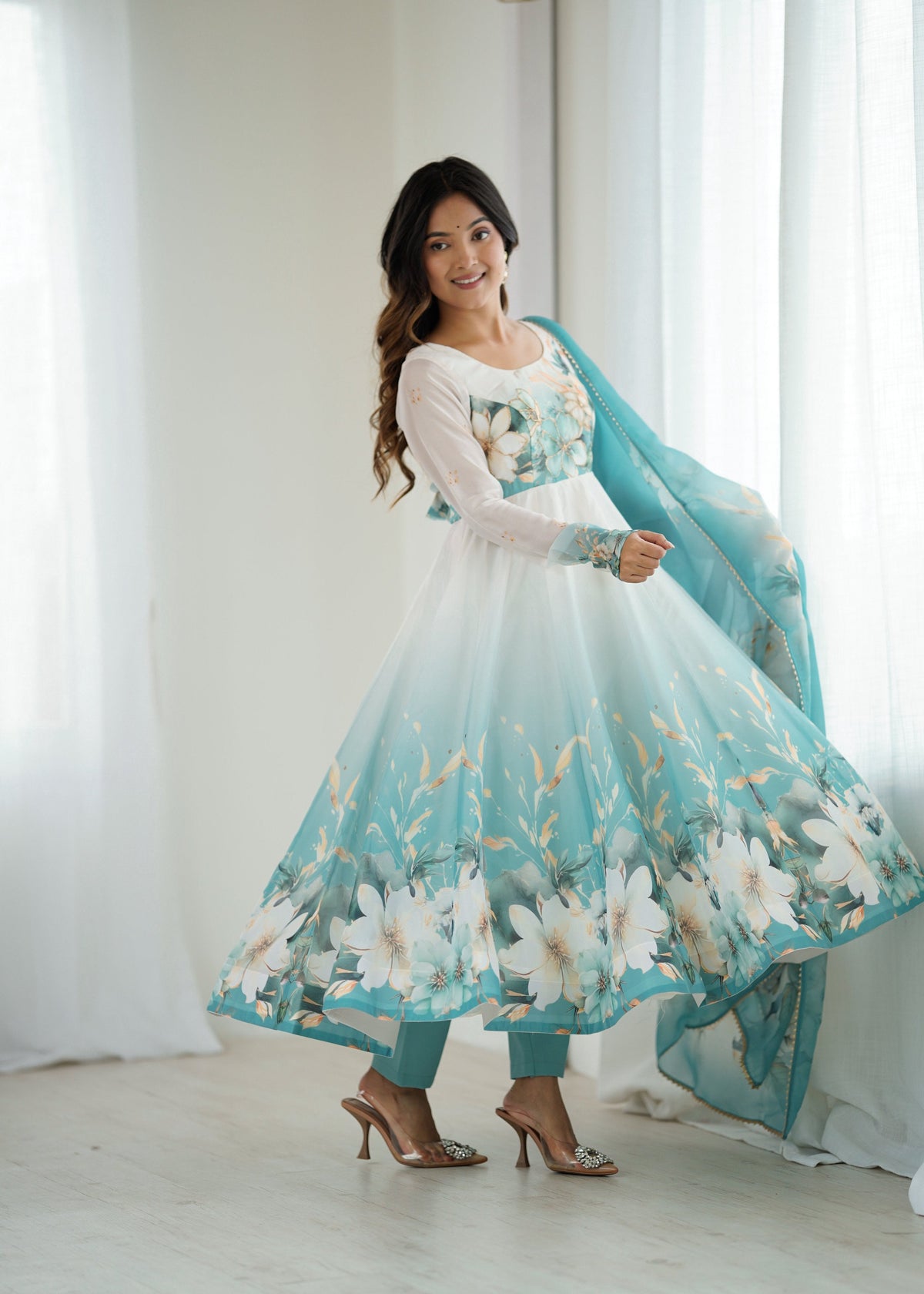 Evanik Aqua Blue Soft Organza Silk With Floral Print Fully Flared Anarkali Pant With Dupatta Set | Grocsy