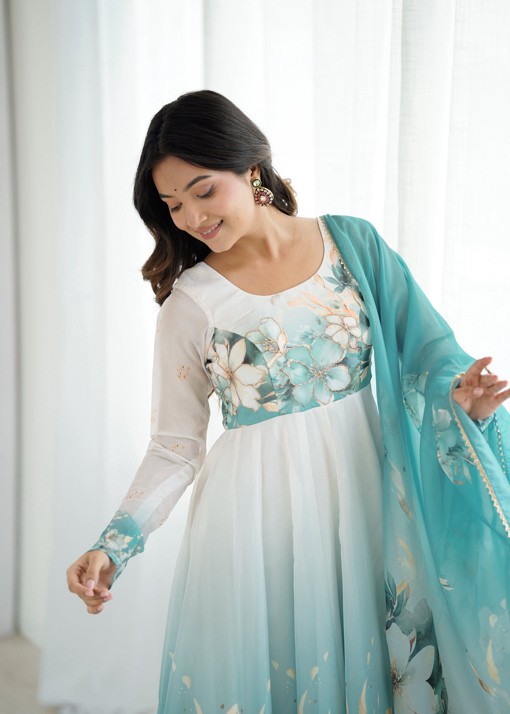 Evanik Aqua Blue Soft Organza Silk With Floral Print Fully Flared Anarkali Pant With Dupatta Set | Grocsy