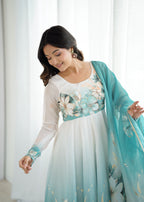 Evanik Aqua Blue Soft Organza Silk With Floral Print Fully Flared Anarkali Pant With Dupatta Set | Grocsy