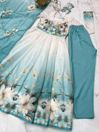 Evanik Aqua Blue Soft Organza Silk With Floral Print Fully Flared Anarkali Pant With Dupatta Set | Grocsy