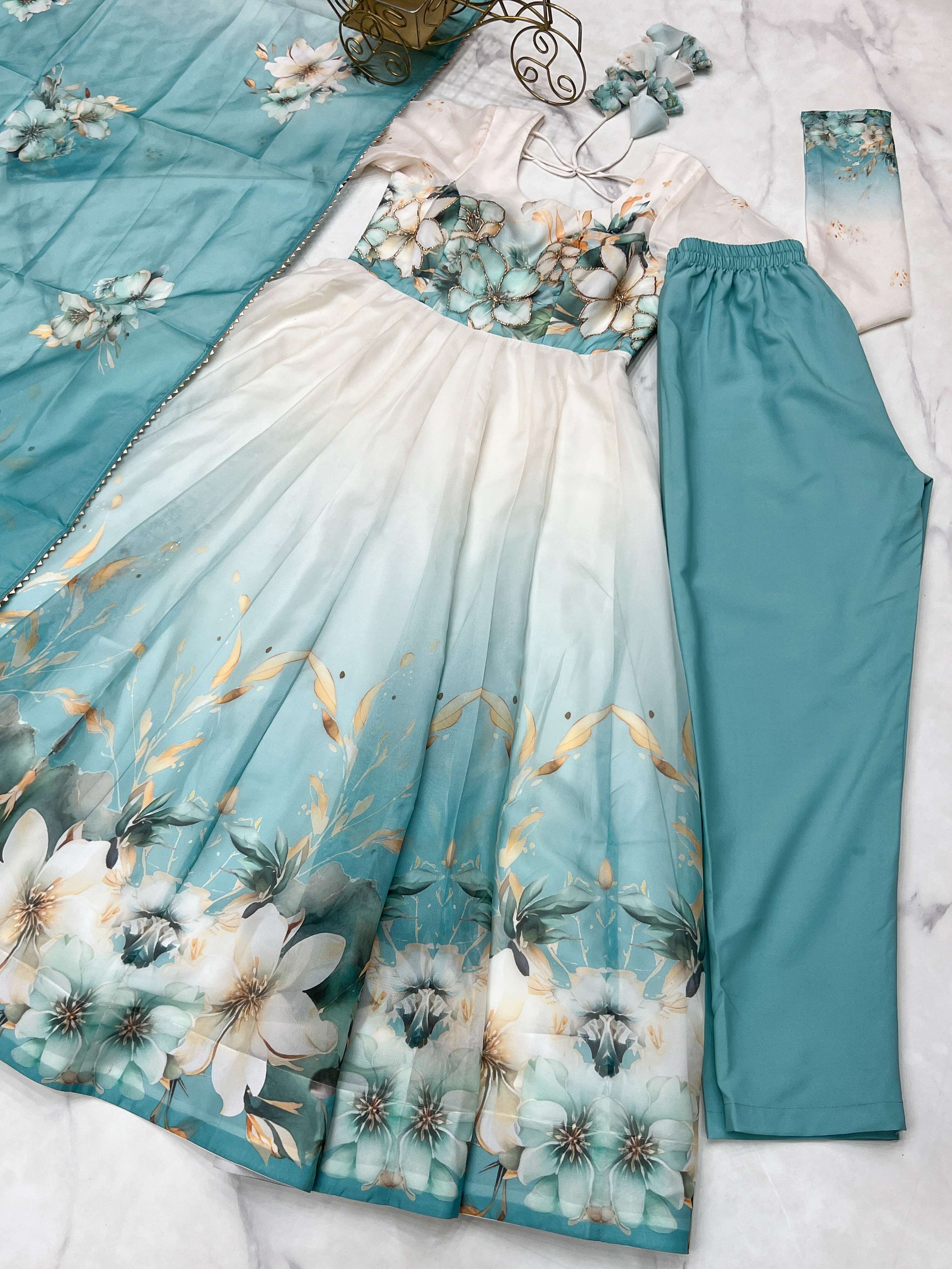 Evanik Aqua Blue Soft Organza Silk With Floral Print Fully Flared Anarkali Pant With Dupatta Set | Grocsy