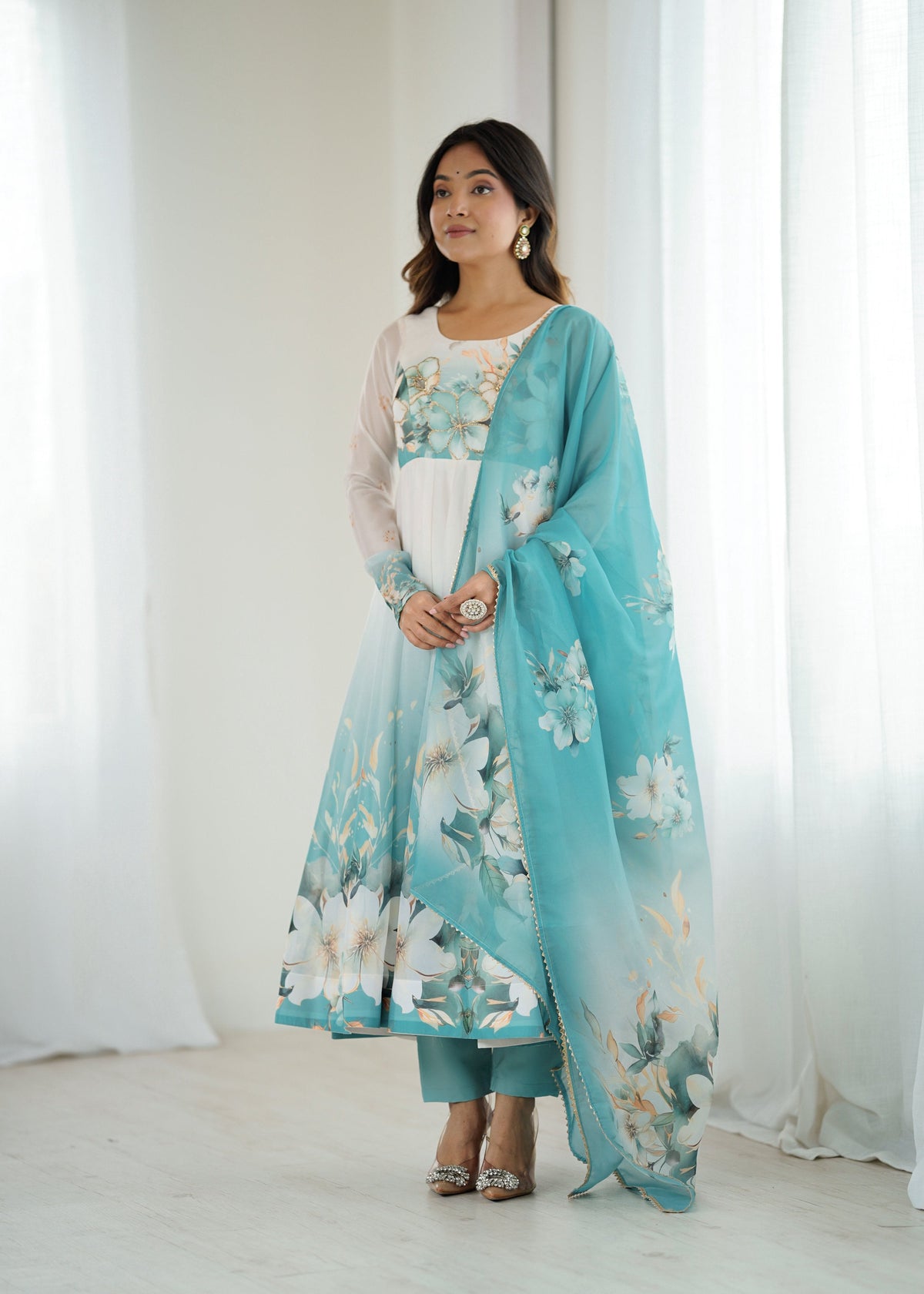 Evanik Aqua Blue Soft Organza Silk With Floral Print Fully Flared Anarkali Pant With Dupatta Set | Grocsy