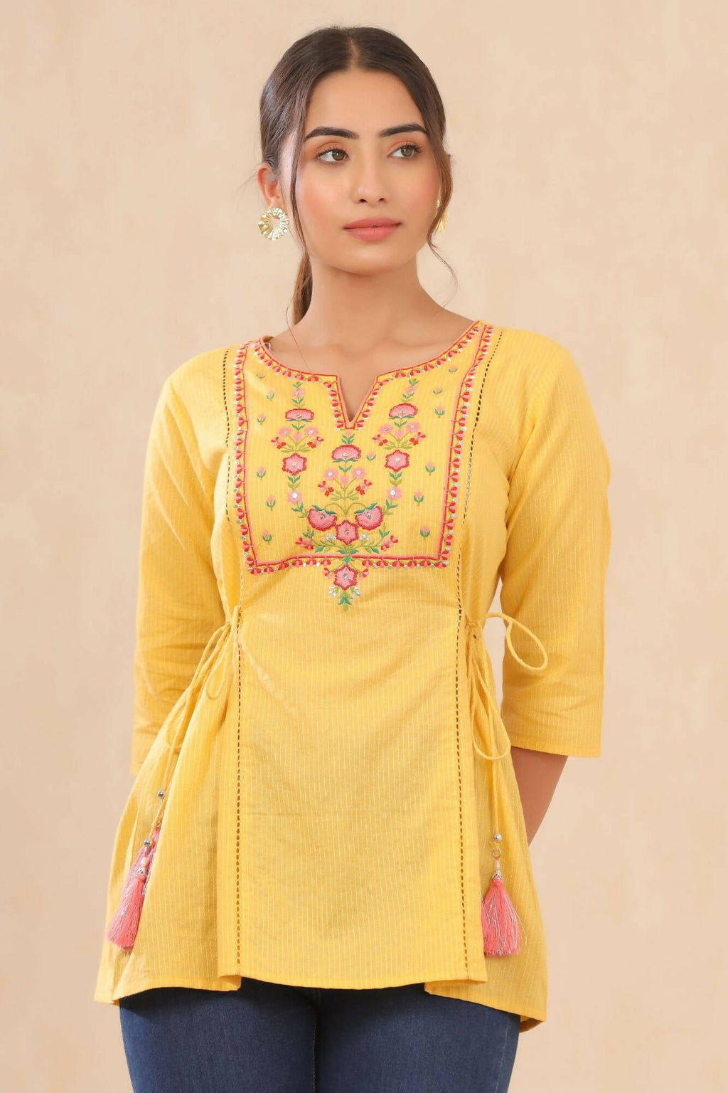Juniper Women Yellow Cotton Dobby Embroidered A-Line Tunic | Grocsy