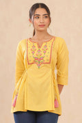 Juniper Women Yellow Cotton Dobby Embroidered A-Line Tunic | Grocsy