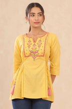 Juniper Women Yellow Cotton Dobby Embroidered A-Line Tunic | Grocsy