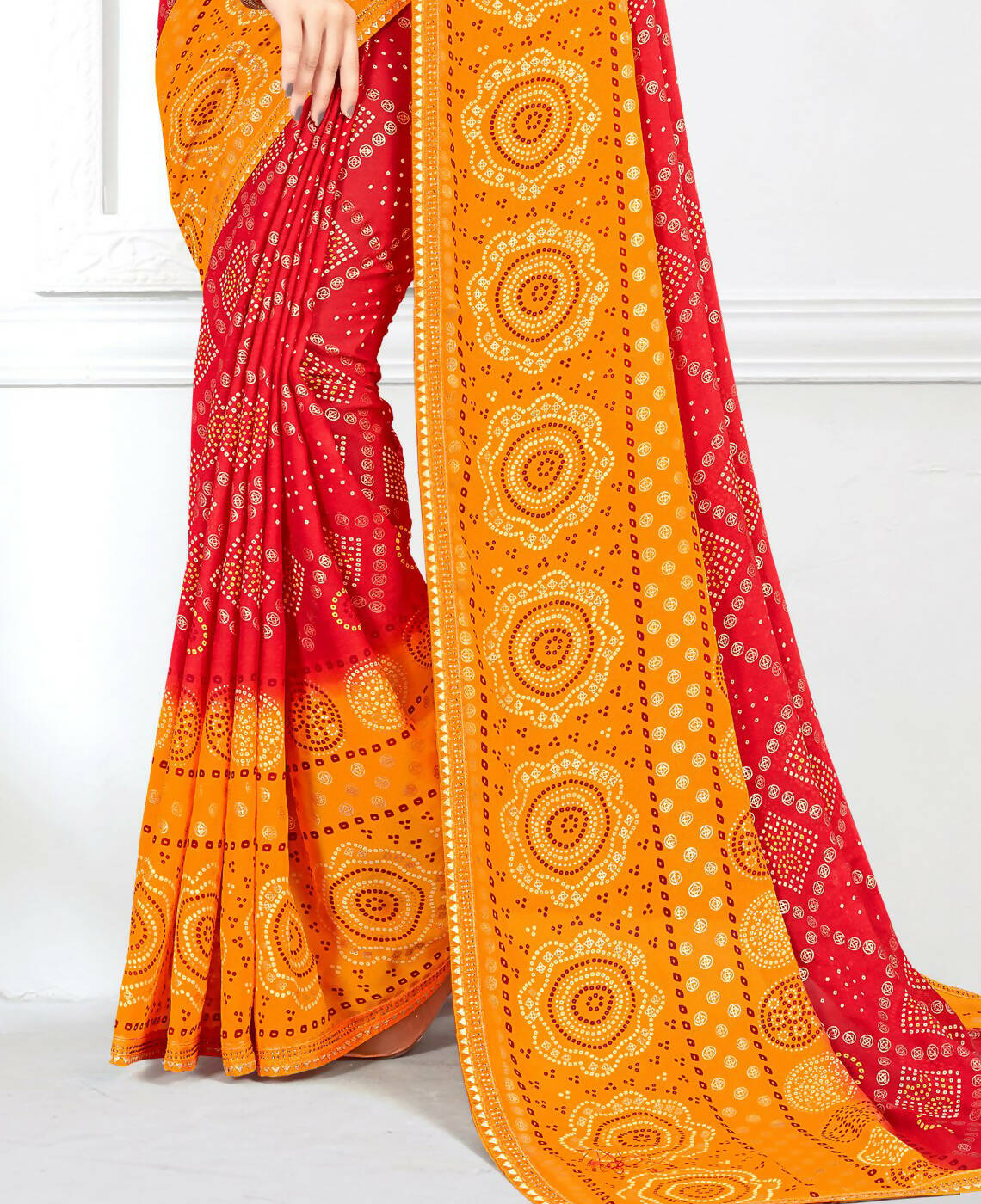 Red & Yellow Georgette Bandhani Printed Saree With Unstitched Blouse Piece - Jyoti | Grocsy