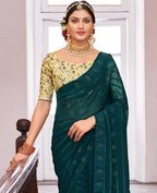 Teal Georgette Swaroski Work Saree With Unstitched Blouse Piece - Juhi | Grocsy