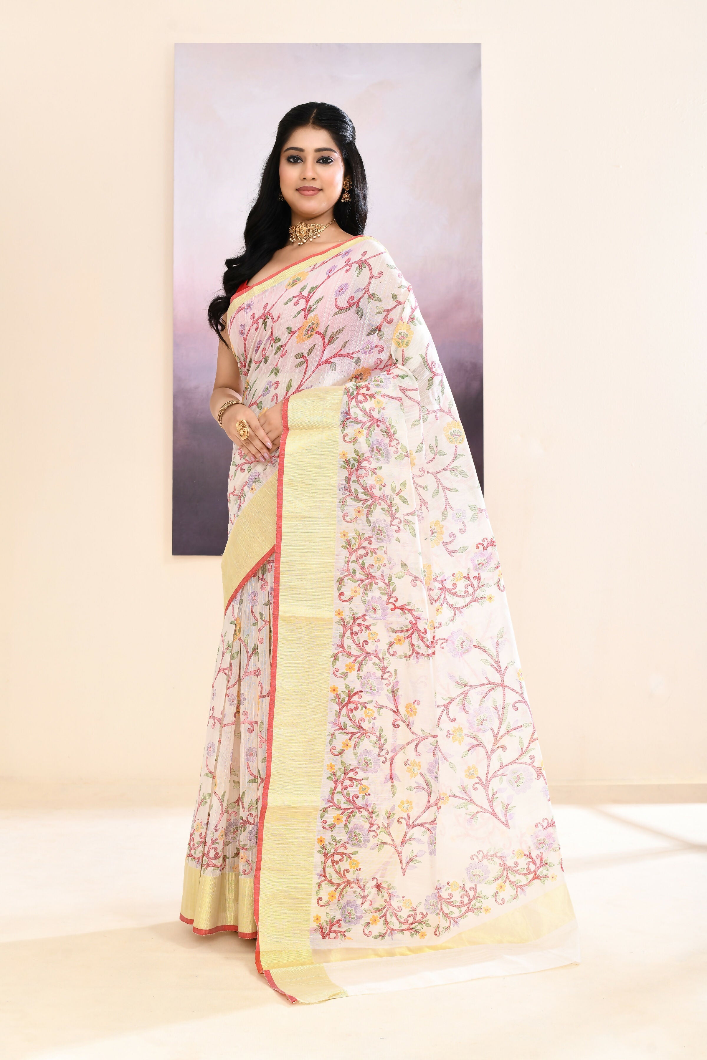 Piyari Fashion Women's White Embellished Cotton Blend Printed Saree | Grocsy