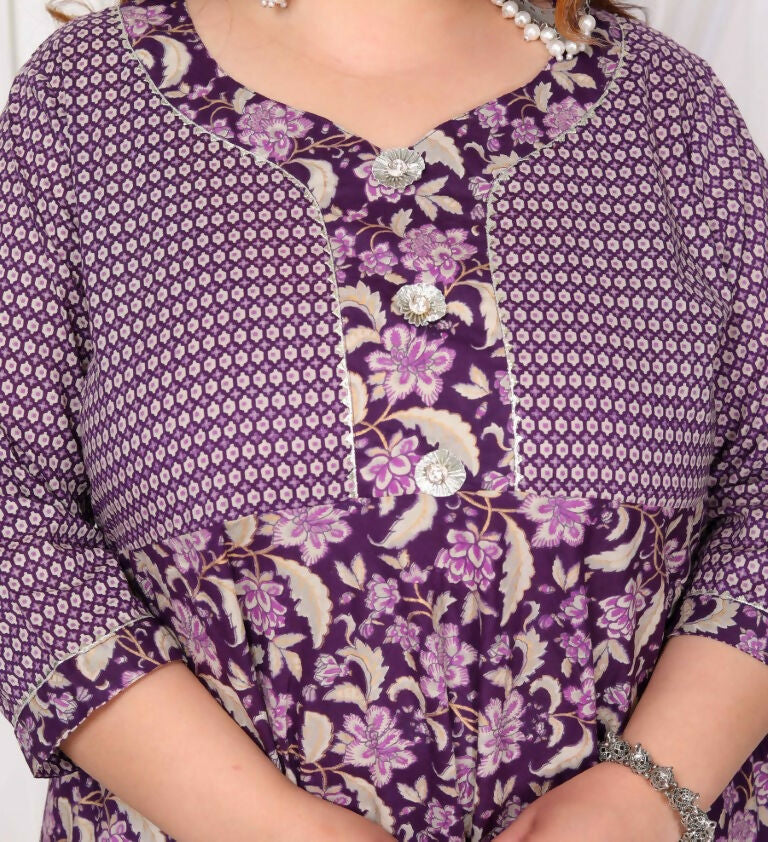 Miravan Women's Plus Size Purple cotton Floral Gota Lace Work Anarkali Kurta | Grocsy
