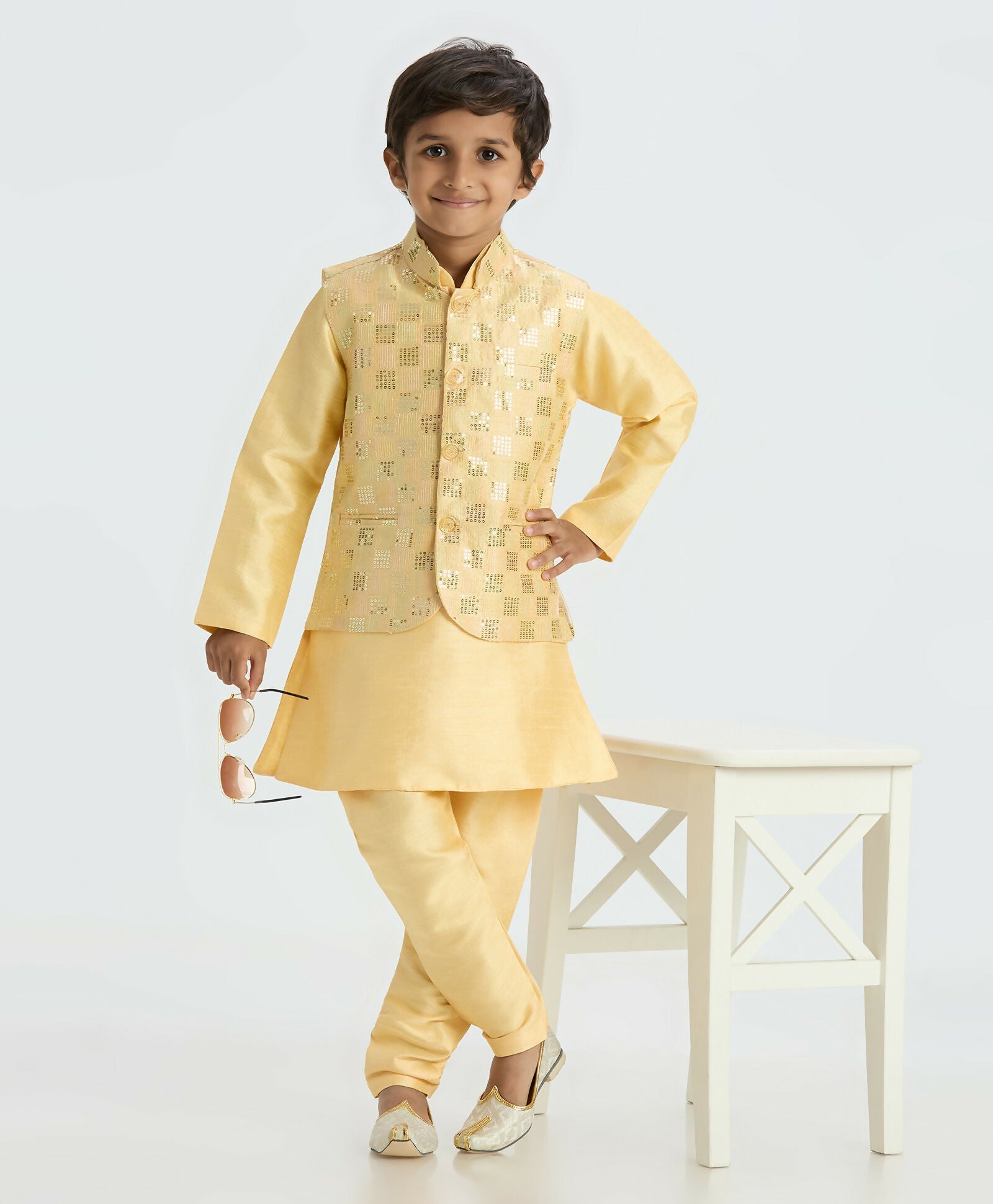 Joban Fashion Kids Island Elegant Box Sequence work Nehru Jacket Full Sleeves Kurta, Pyjama Set - Golden | Grocsy