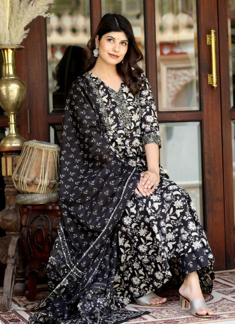 Miravan Women's Black Cotton Embroidered Attractive Anarkali Kurta And Palazzo With Dupatta Set | Grocsy