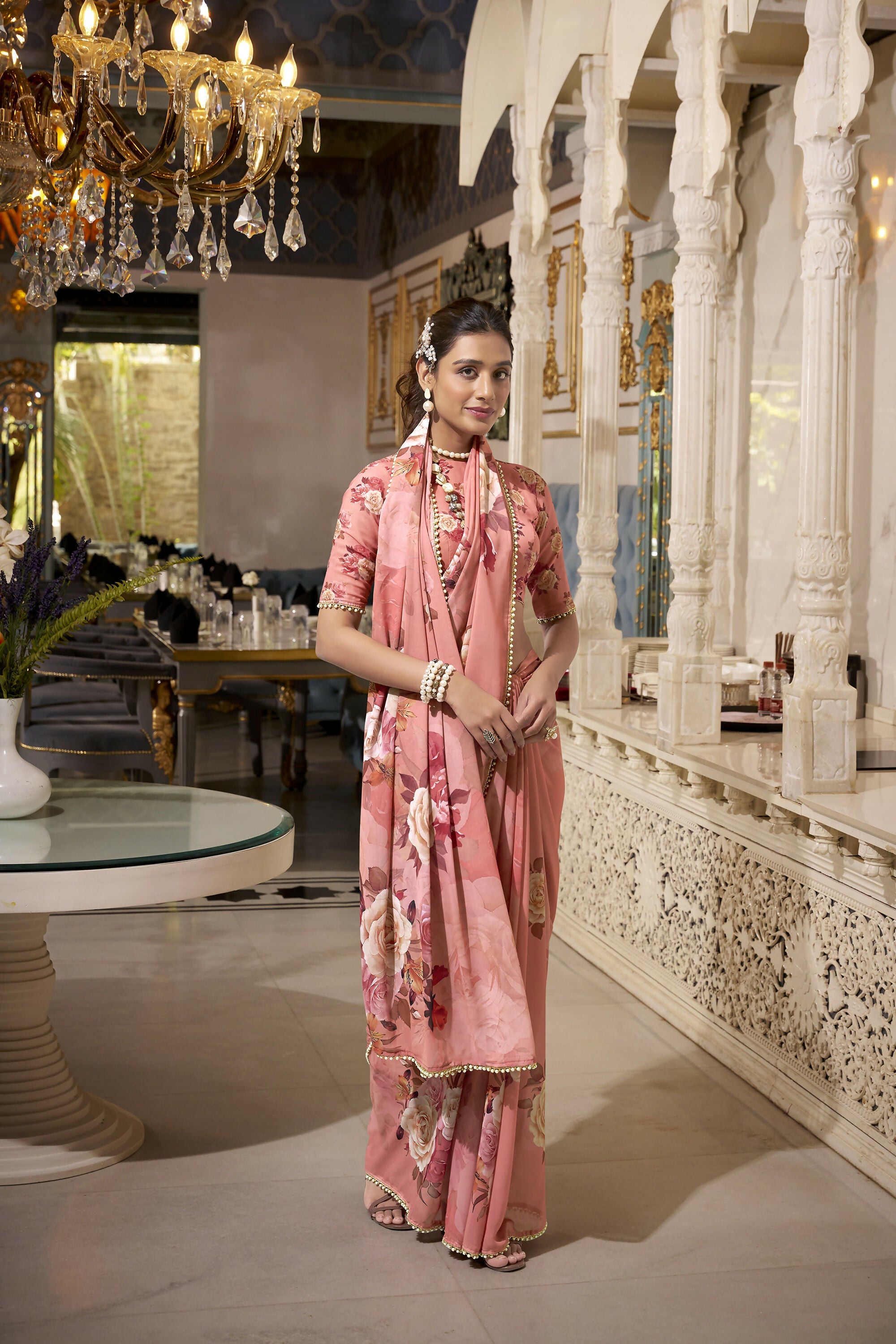 Vastranavya Orange Spectacular Georgette Printed with Pearl Lace Saree with Unstitched Blouse | Grocsy
