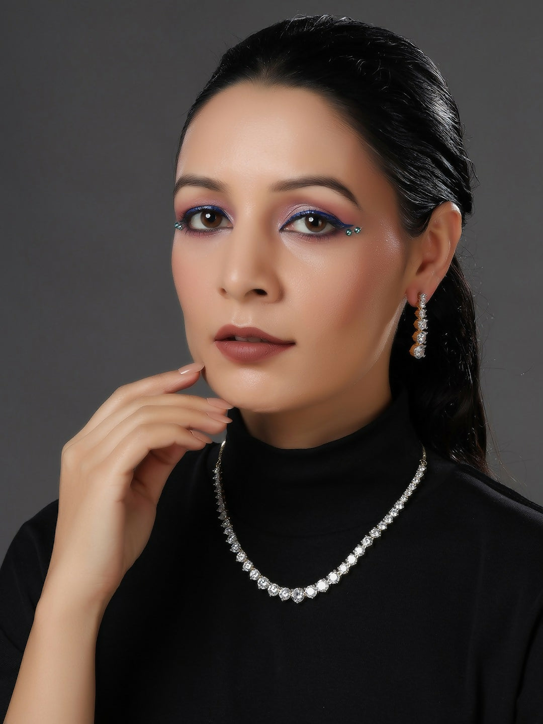 Diamond Neckpiece with Dangler Diamond Earrings- Ruby Raang | Grocsy