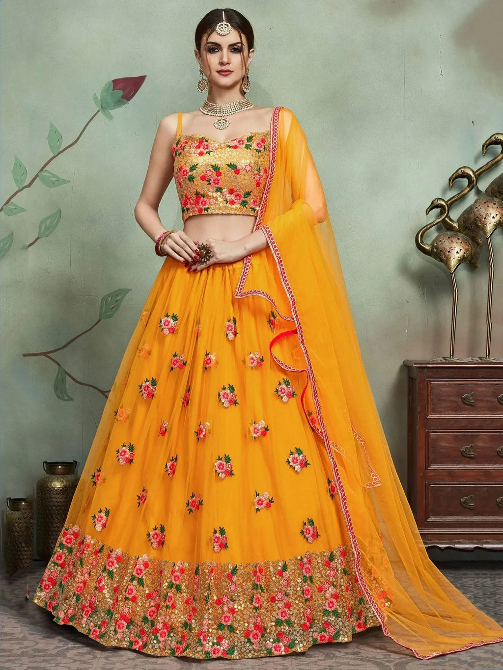 Tulsi Art Mustard Yellow Sequins Net Bridal Lehenga Choli | Grocsy