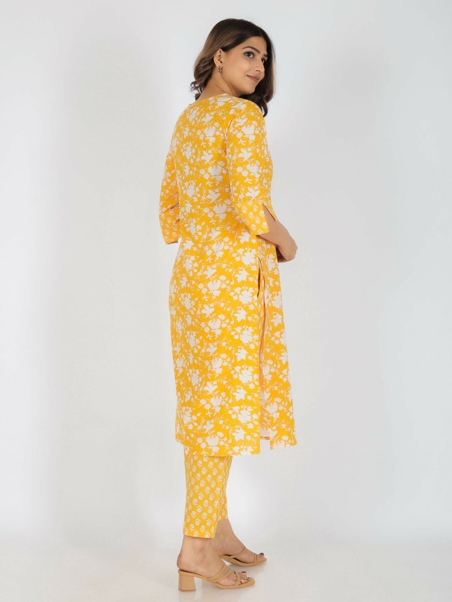 Aramya Yellow Soft Cotton Floral Print Straight Kurta Set for Women | Grocsy