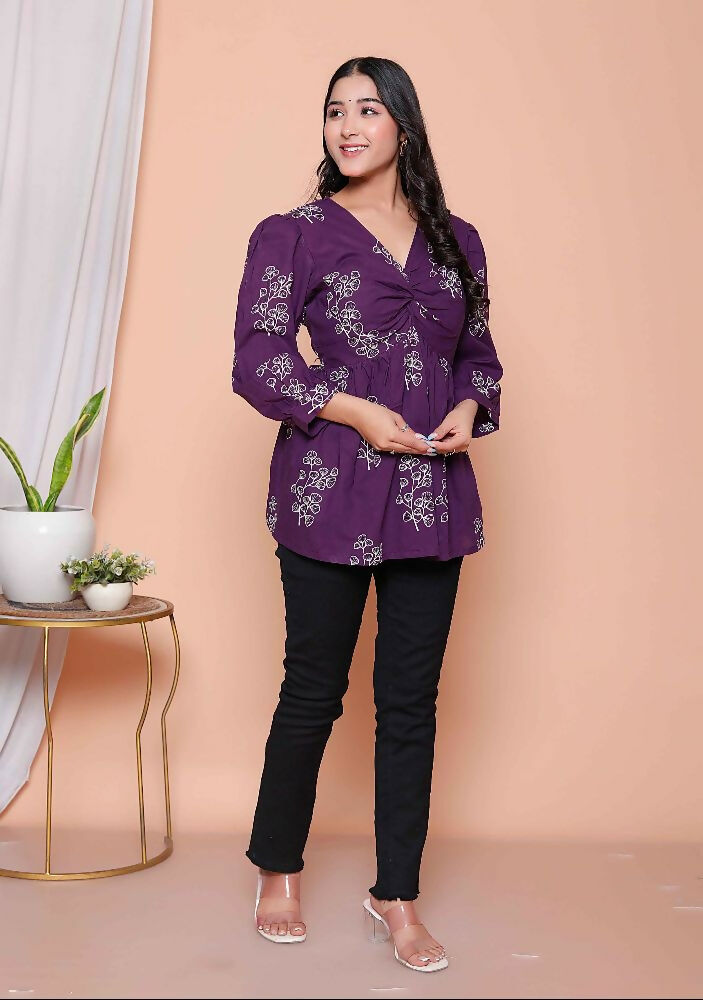 Miravan Womens Cotton Butterfly Style Floral Print V-Neck Top | Grocsy