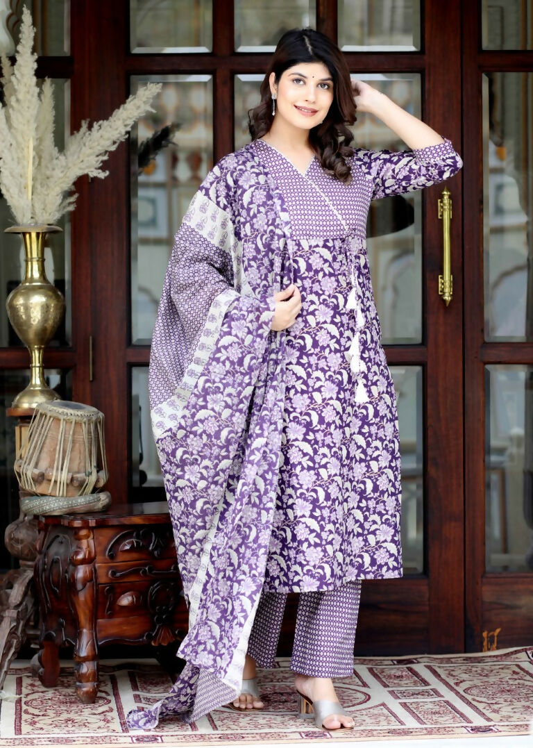 Miravan Women's Floral Block Printed Purple Angrakha Kurta And Palazzo With Dupatta Set | Grocsy
