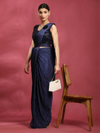 Blue Imported Crush Lycra Texture Pattern Ready to Wear Saree with stitched Blouse - Nirvana | Grocsy