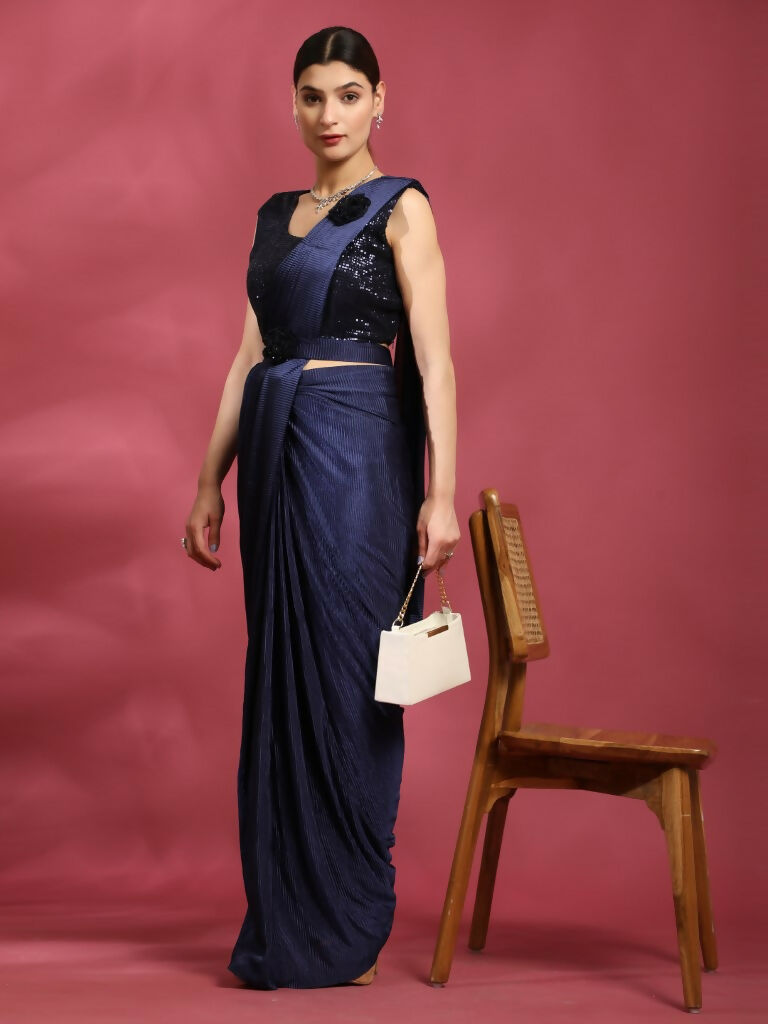 Blue Imported Crush Lycra Texture Pattern Ready to Wear Saree with stitched Blouse - Nirvana | Grocsy