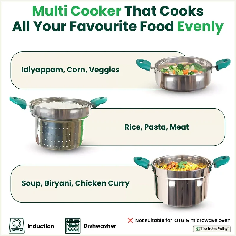 The Indus Valley Tri-steel Multi Cooker Pot Premium Stainless Steel Momo Maker/ Idiyappam/ Biryani/  Veg Steaming Set, 3 Pots, 21cm | Grocsy