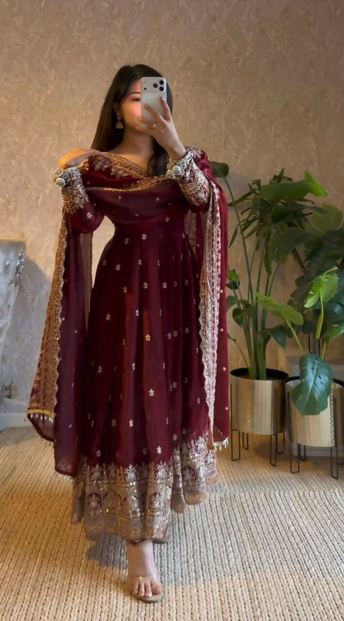 Teeya Creation Maroon Fendi Silk Designer Heavy Work Wedding Wear Long Gown | Grocsy