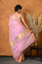 Very Much Indian Handloom Pure Cotton Linen Saree With Golden Border - Pink | Grocsy