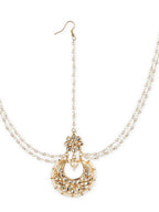 Gold-Polished White Kundan-Studded Faux Pearl Beaded Maathapatti - Ruby Raang | Grocsy