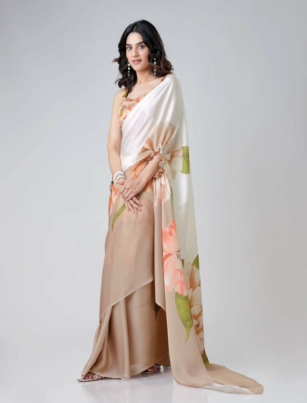 Vastranavya Chiku Freehand Floral Print Ready to Wear Saree | Grocsy