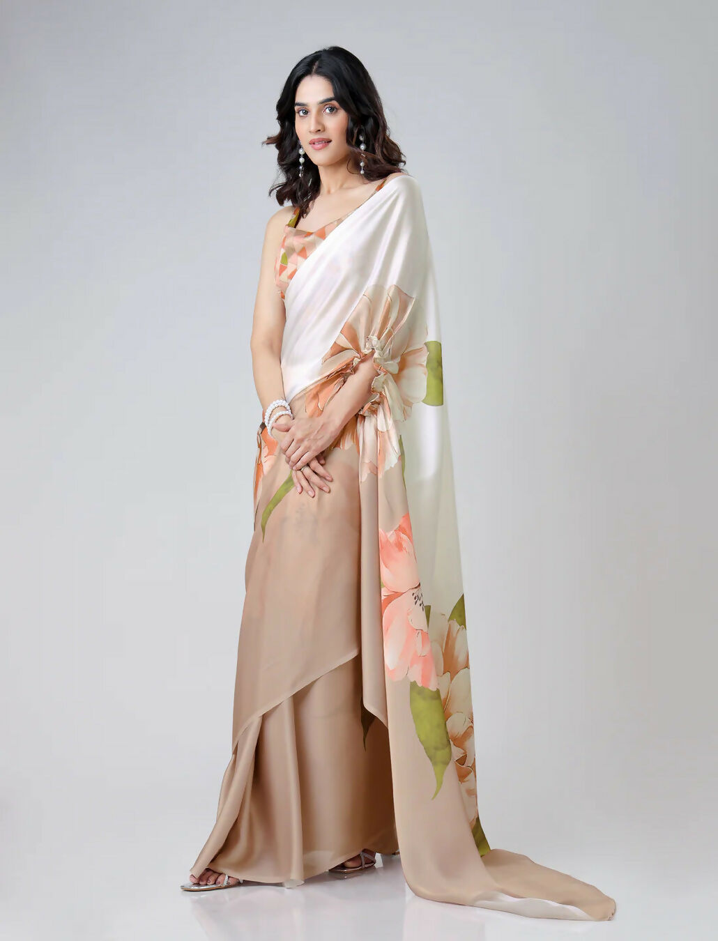 Vastranavya Chiku Freehand Floral Print Ready to Wear Saree | Grocsy