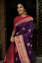 DEIANA'S Beautiful Designer Golden zari Soft Lichi Silk Saree - Purple | Grocsy