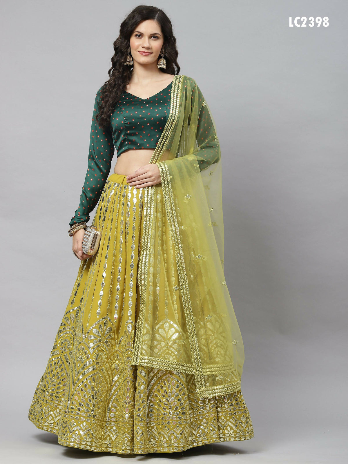 Fluorescent green Georgette Paper Mirror Embroidery Work Lehenga Choli with Dupatta - Jivika | Grocsy