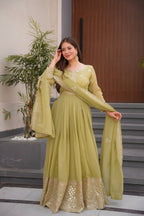 Teeya Creation Olive Color Crunchy Silk Wedding Wear Embroidery Work Long Gown | Grocsy