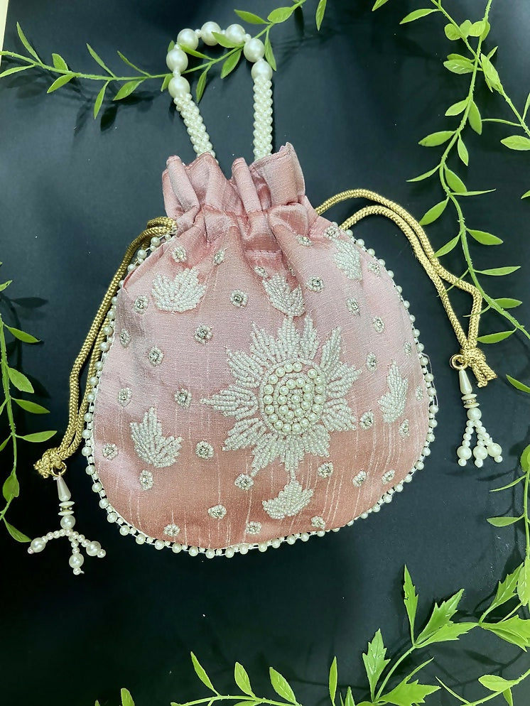 Joban Fashion Pearl Hand Work Potli Bag - Baby Pink | Grocsy