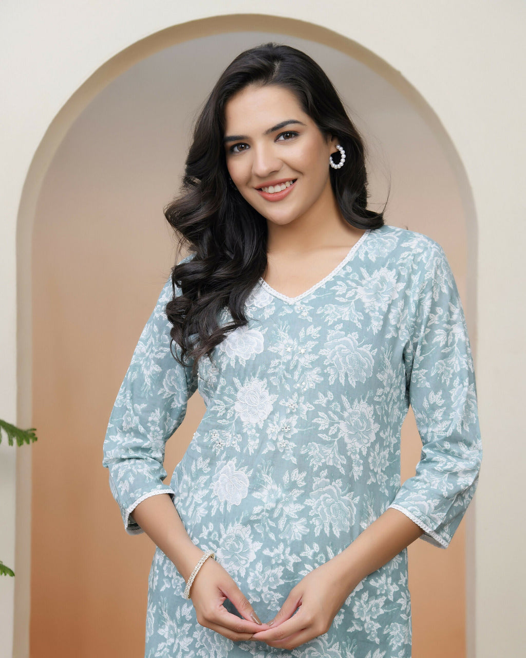 Vaasva Women Mint Cotton Printed Straight Kurti With Pant | Grocsy