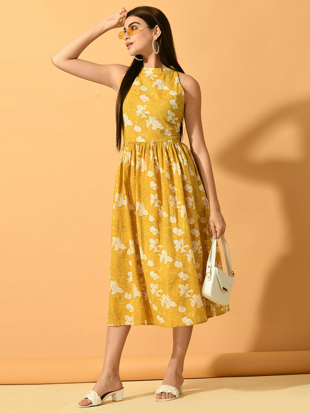 Myshka Women's Yellow Fit and Flare Party Dress | Grocsy