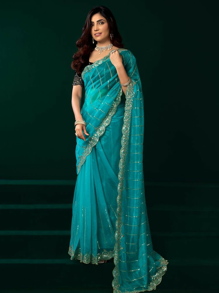 Joban Fashion Turquoise Blue Net Party Wear Sarees | Grocsy
