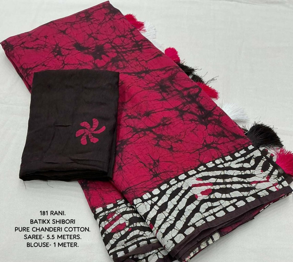 Arfa Fashion House Rani Pink Pure Chanderi Cotton Batik Printed Saree | Grocsy