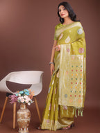 Anaita Mustard Linen Cotton With Jacquard Work And Zari Weaving Saree With Blouse | Grocsy