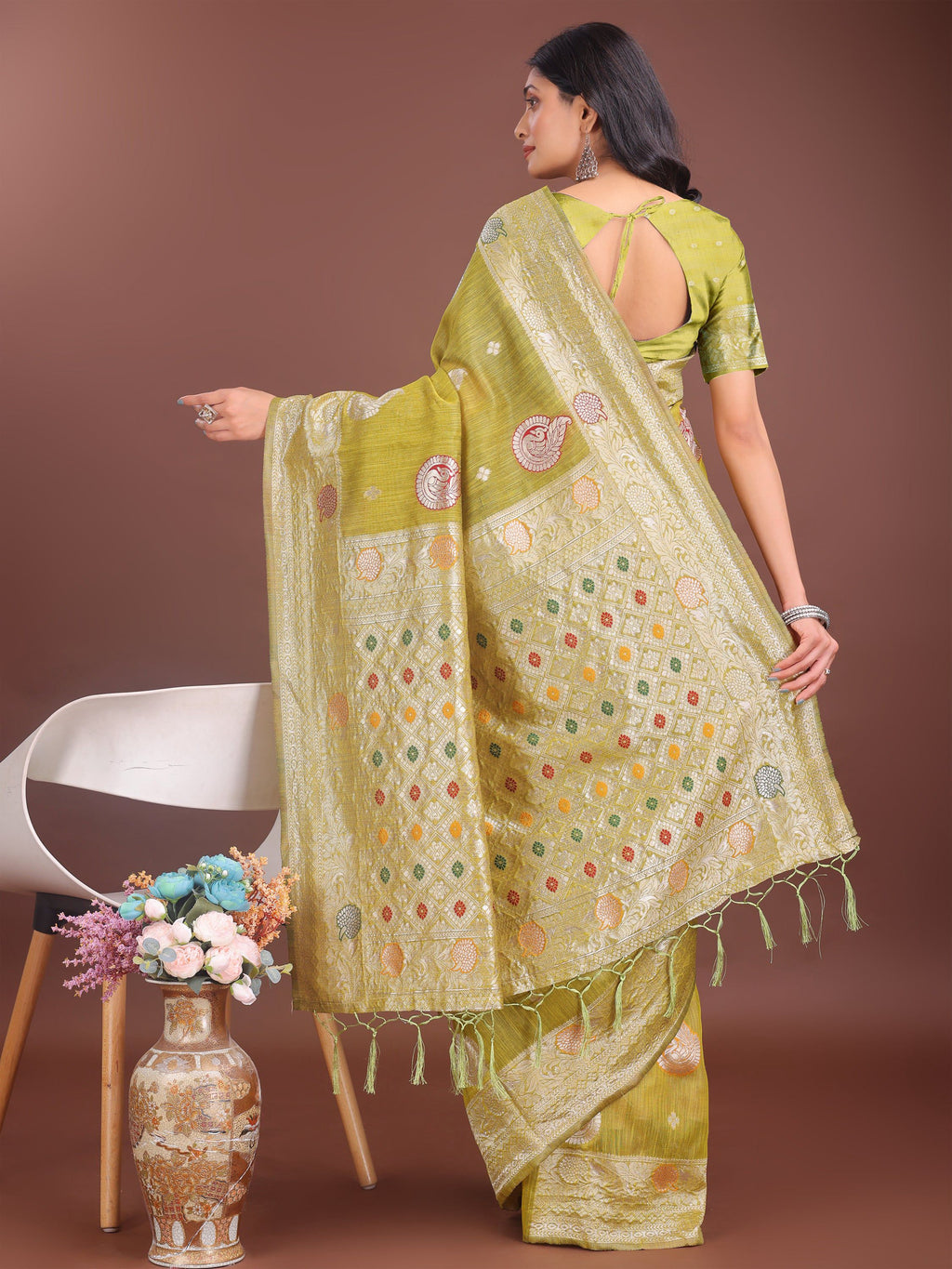 Anaita Mustard Linen Cotton With Jacquard Work And Zari Weaving Saree With Blouse | Grocsy